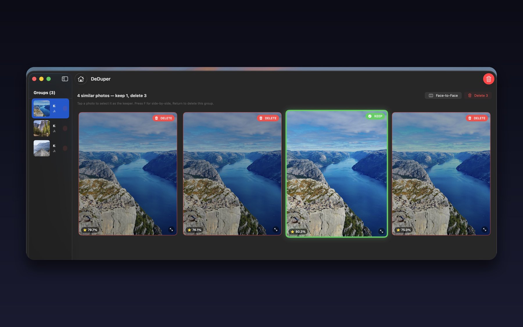 DeDuper review screen showing groups of near-duplicate photos