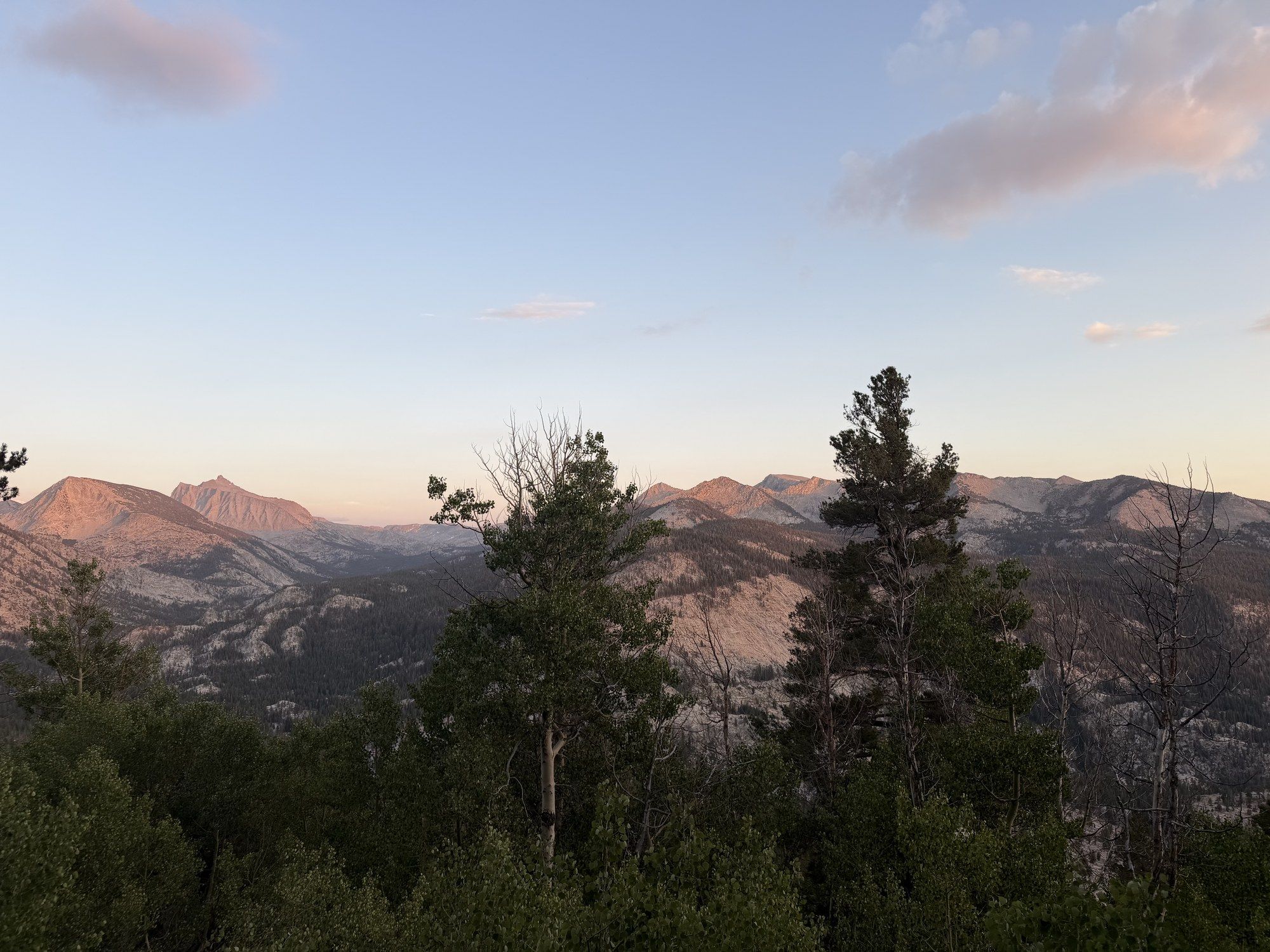 Sierra ridgelines receding into haze at last light, pines in the foreground