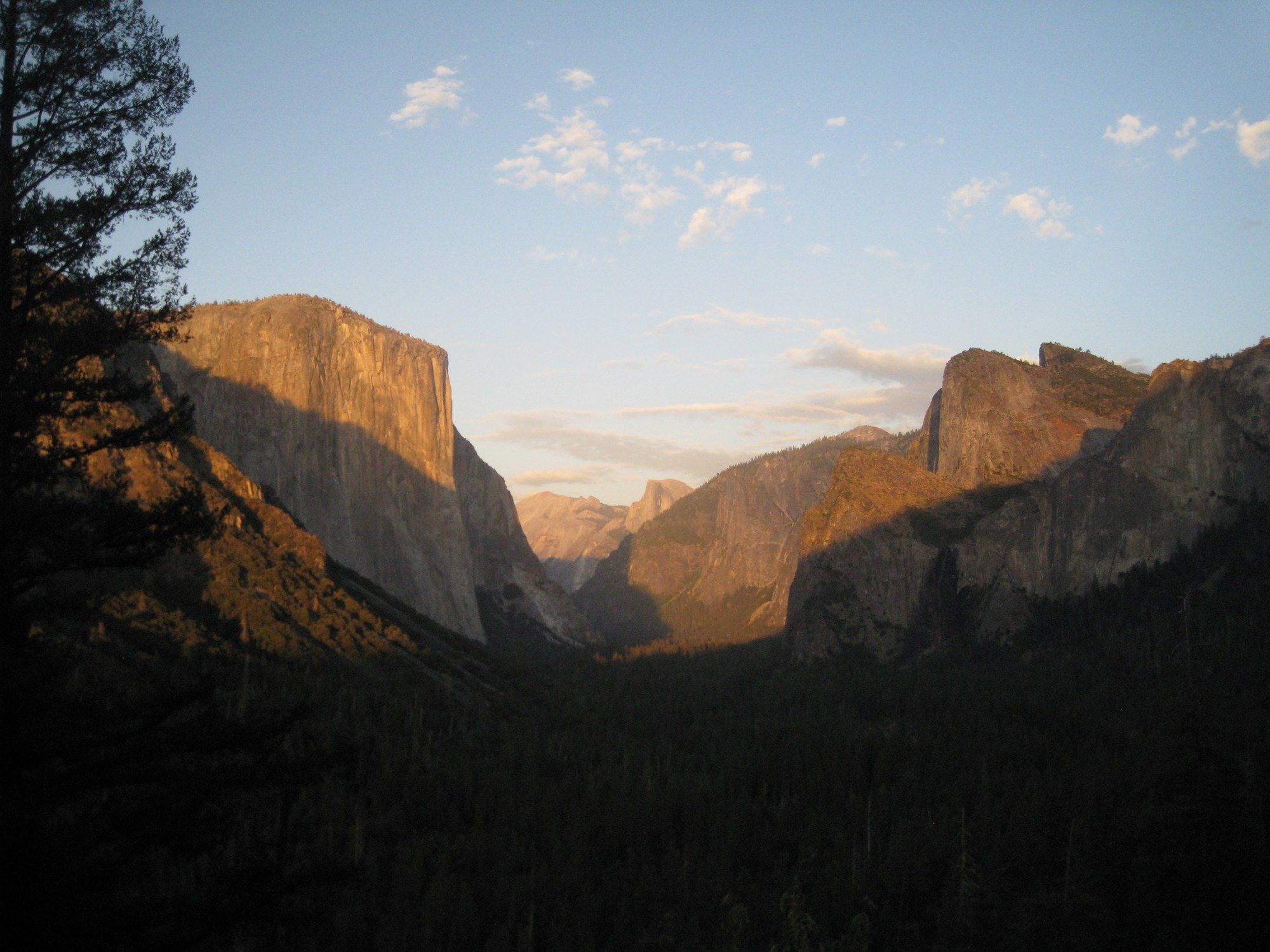 Yosemite Valley at dusk from Tunnel View, warm light on the far walls