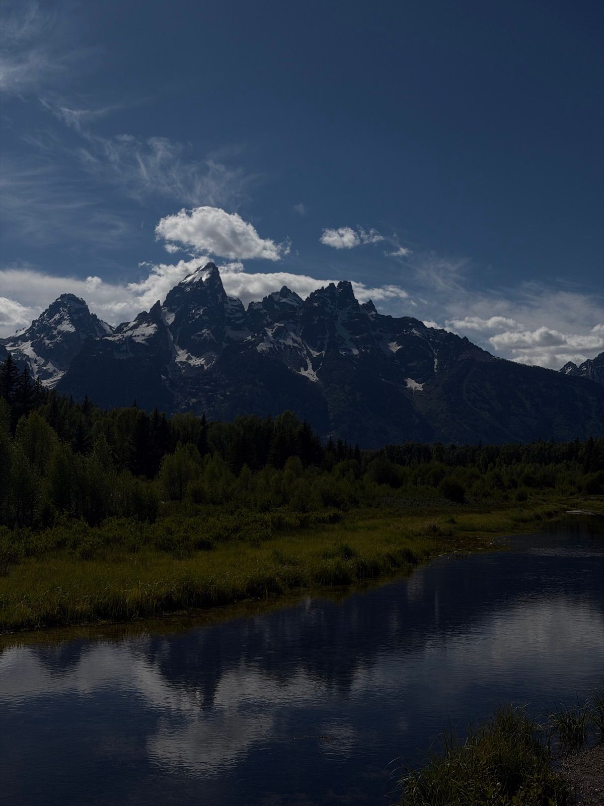 Jagged mountain peaks reflected in a dark, calm wetland