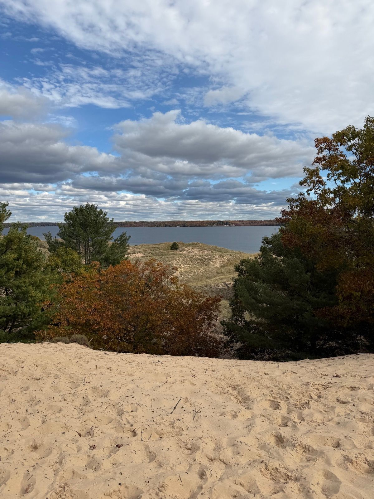 Sandy trail descending between trees toward Lake Michigan