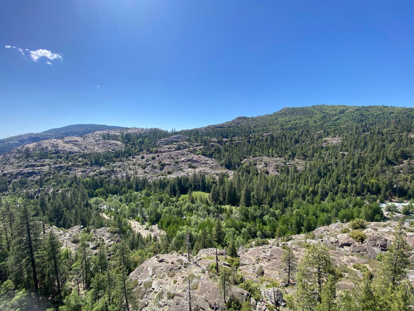 Forested granite ridges under a clear blue sky