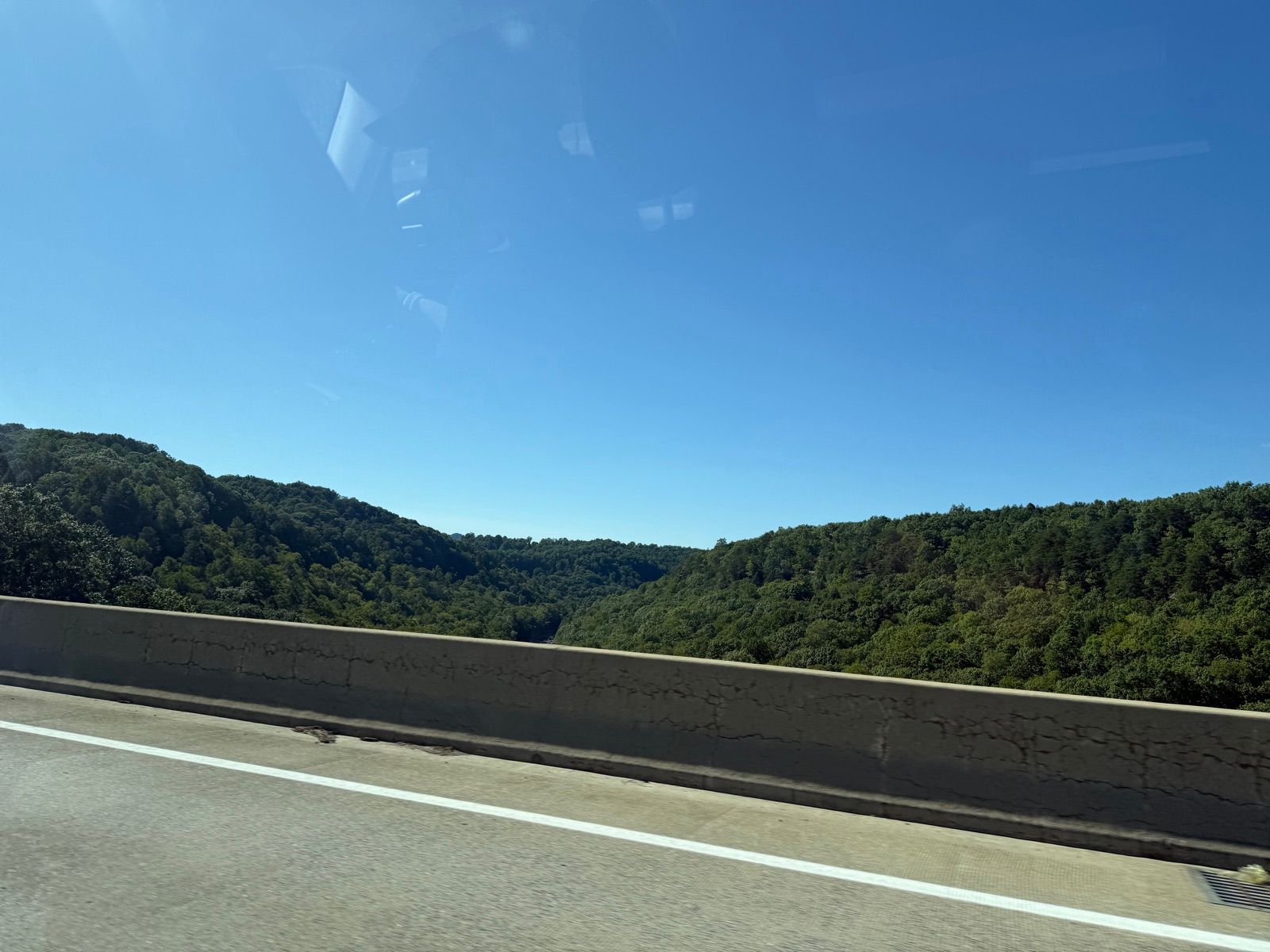 Tree-covered gorge beyond the New River Gorge Bridge railing