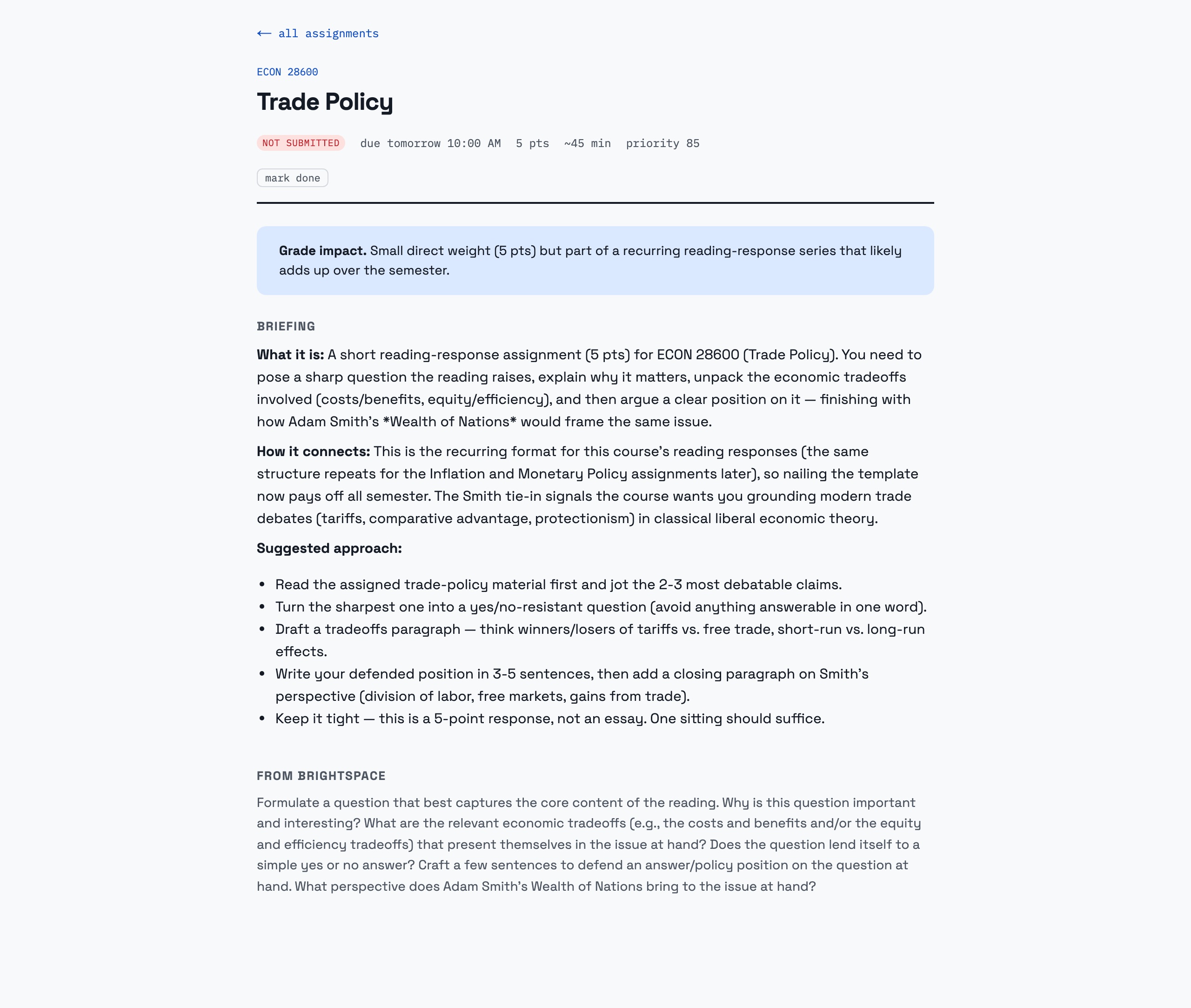 An assignment detail page with an AI briefing explaining what the task is, how it connects to the course, and a suggested approach
