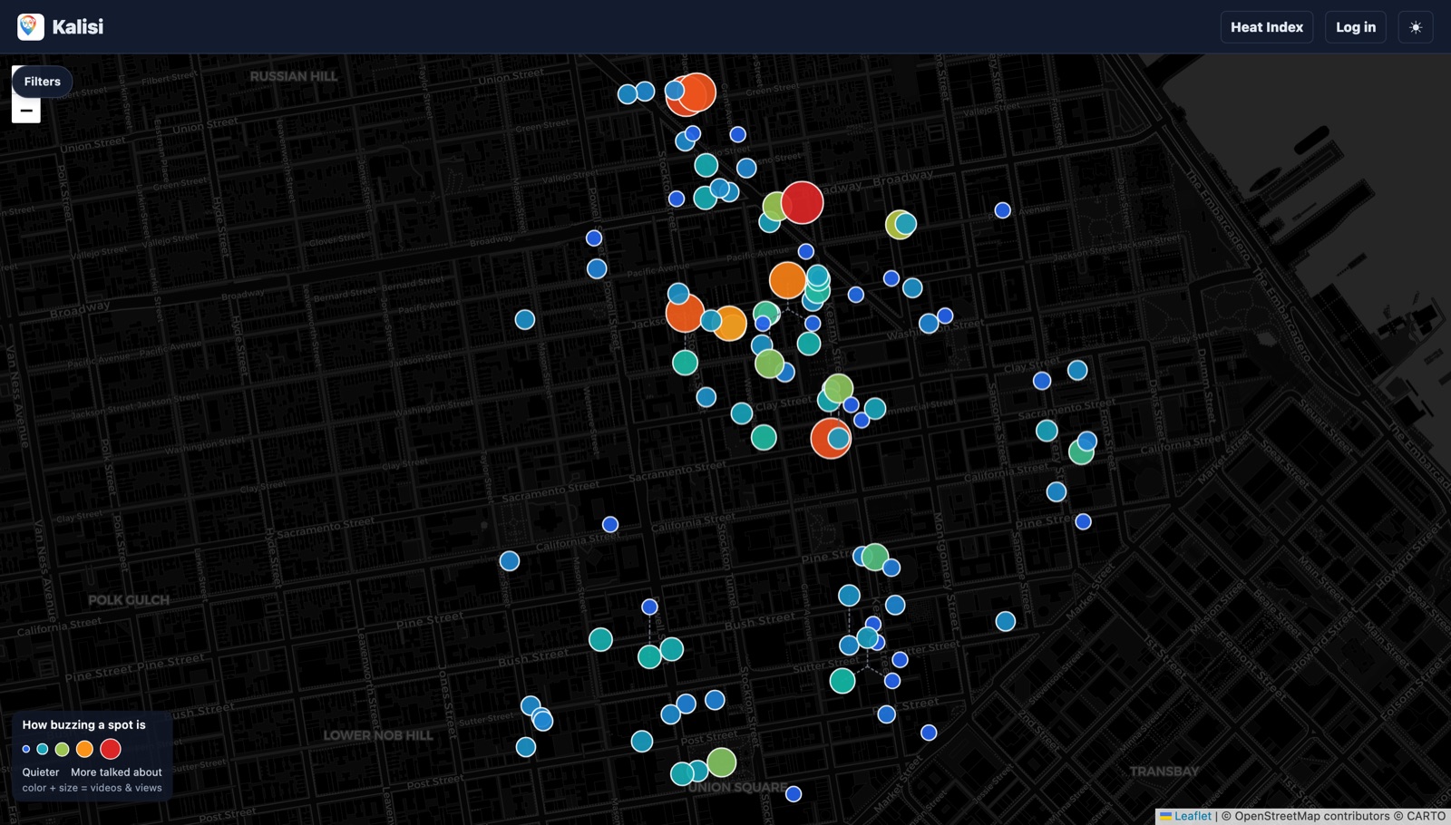 Kalisi map of San Francisco with heat-ranked restaurant pins