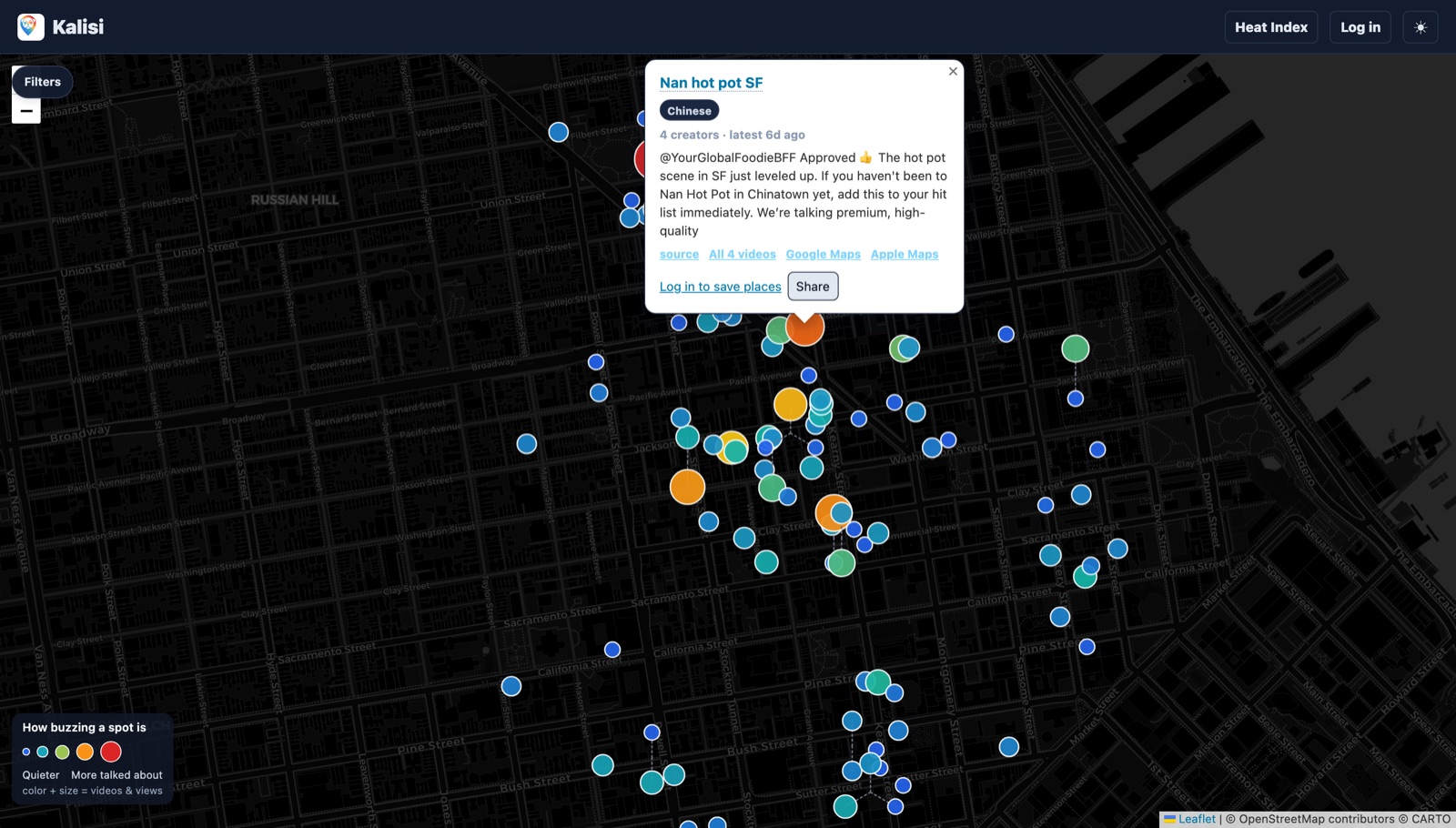 Kalisi place card for Nan Hot Pot SF showing creator count, recency, and video links