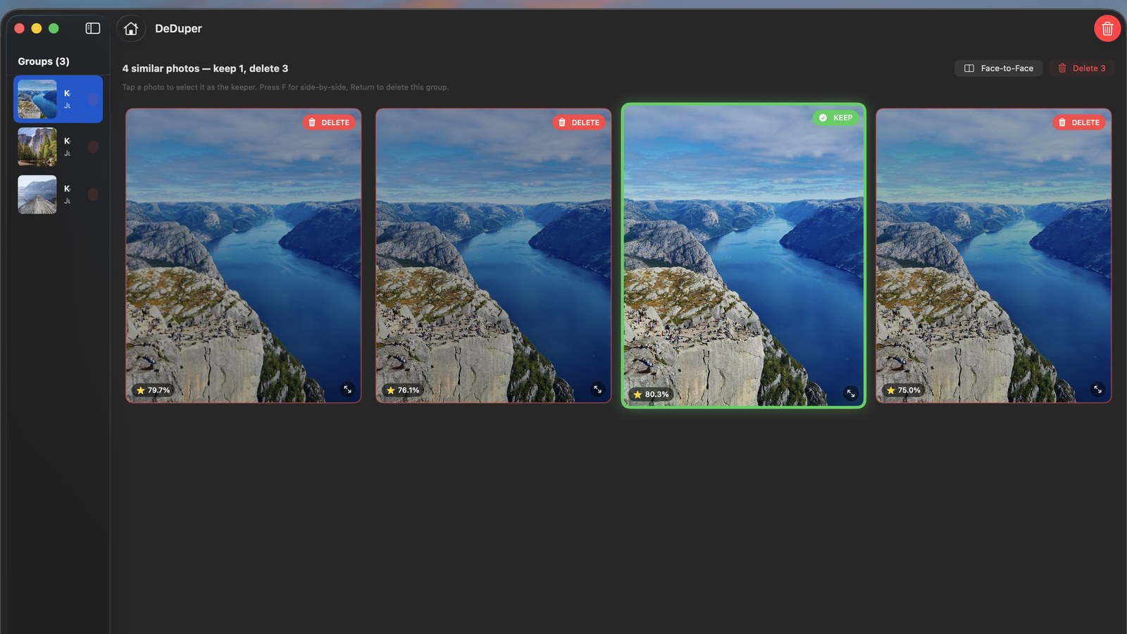 DeDuper reviewing four near-identical fjord photos on macOS, with the sharpest marked Keep