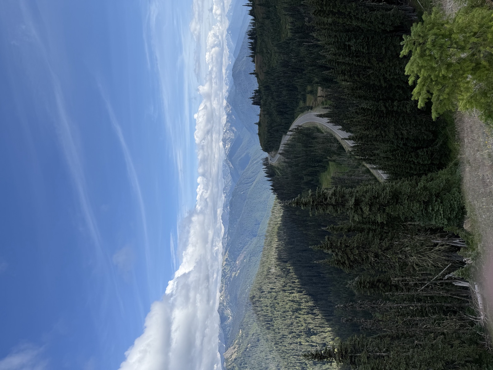 Trail following a forested ridge toward blue mountain ranges