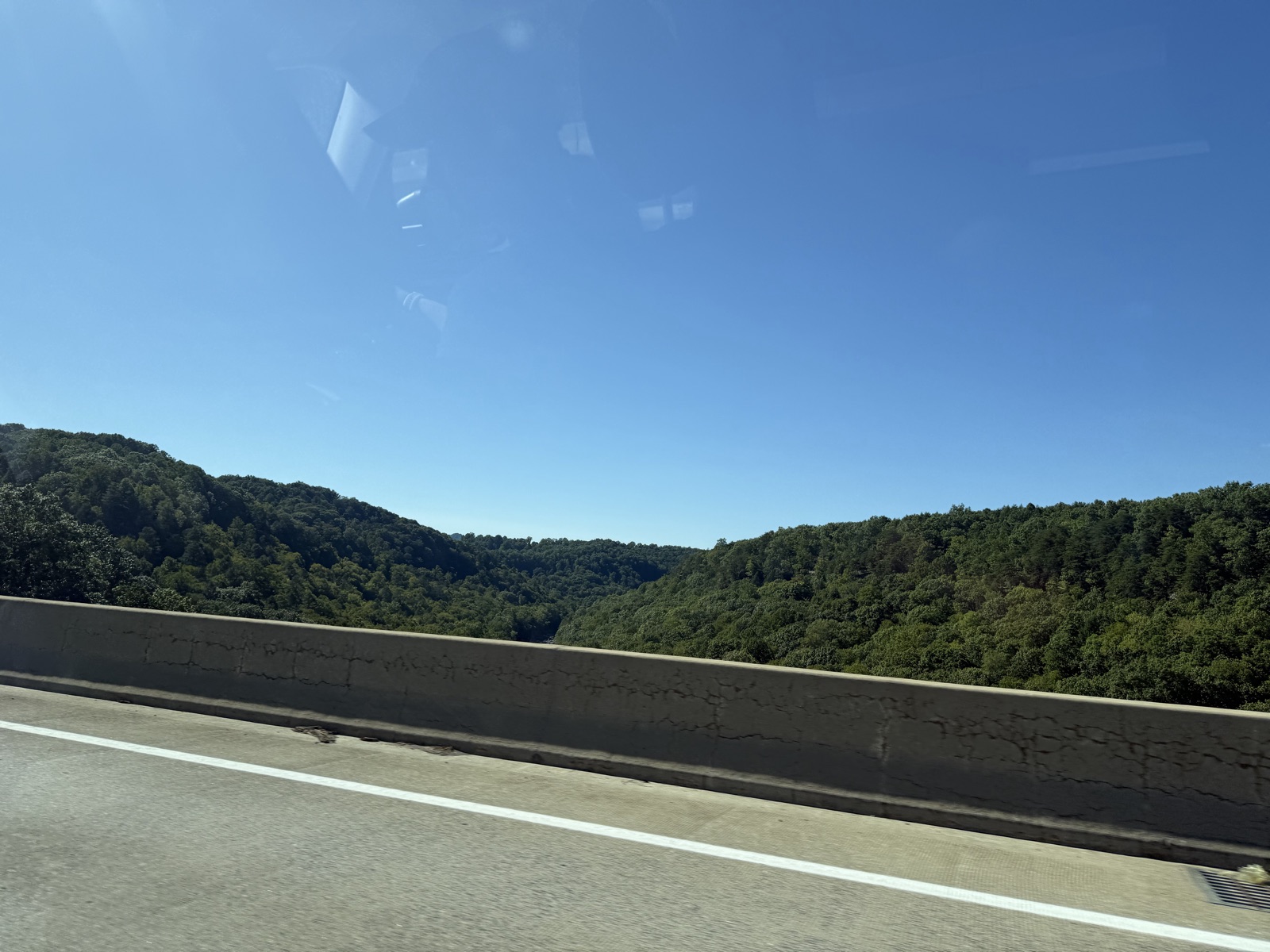 Tree-covered gorge beyond the New River Gorge Bridge railing